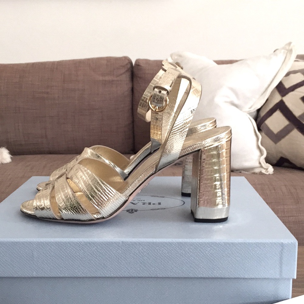 PRADA Gold Block heeled sandal